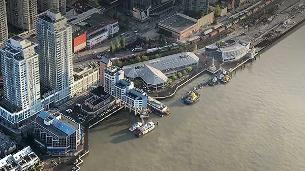 aerial view from boardwalk of Hotel and Fraser River